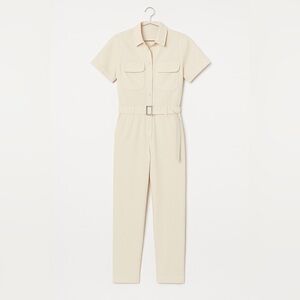 ROOLEE Linen‑Blend Beige Button‑Down Utility Jumpsuit